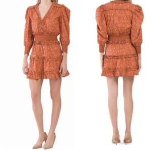 House of Harlow 1960 Floral Smocked Waist Peasant Dress Wallis Rust Orange XL